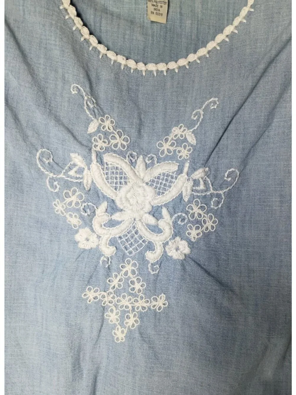 Lucky Brand Boho Embroidered Chambray Top S Cotton Crotchet Floral Peasant